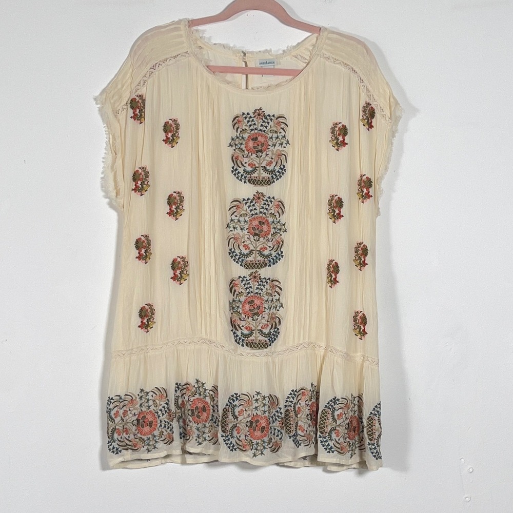 Sundance Embroidered Tunic Top Womens Sz M Ivory Floral Boho Peasant Blouse